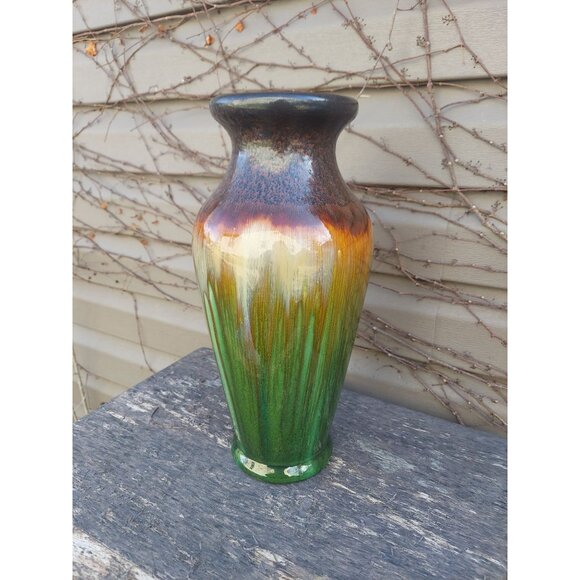 Handmade Hosley TM Potteries Green & Brown Gradient Glazed Ceramic Vase 14 3/4" - Picture 4 of 5